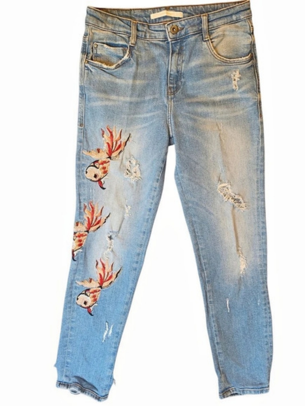 Zara Trafaluc Distressed Koi Fish Embroidered Denim Jeans 4 Boyfriend Cropped